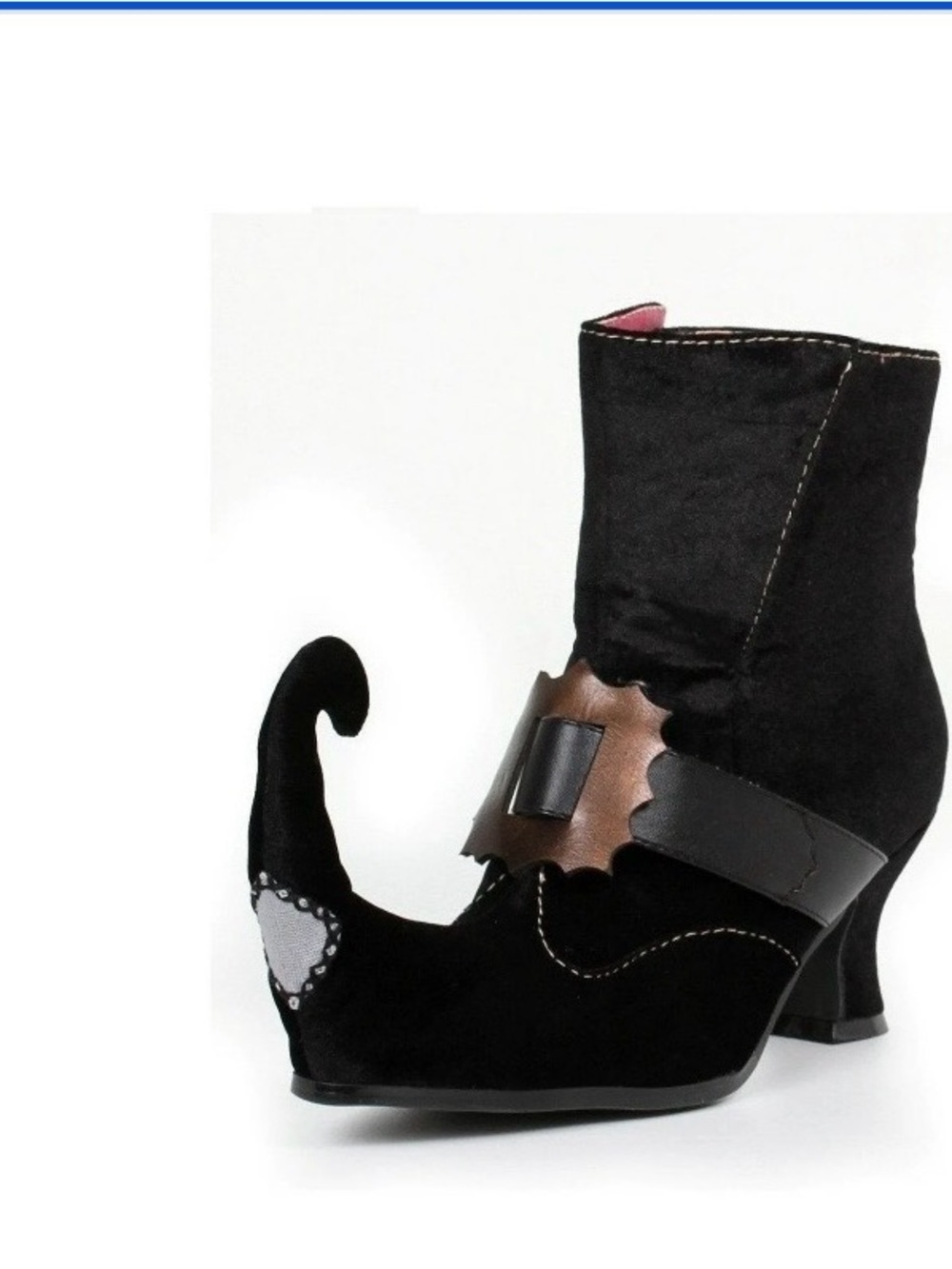 Ellie Shoe Horn Black Velvet Curled-Toe Ankle Boots with Portrait Strap